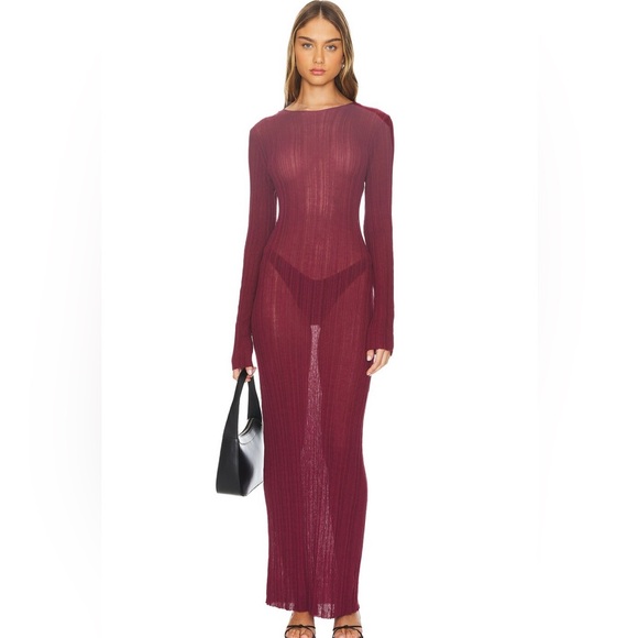Lioness Dresses & Skirts - Lioness Burgundy Sheer Ribbed Maxi Dress